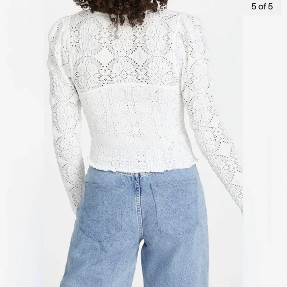 Free People Crochet lace smocked Long Sleeve Low Cut top Cottagecore Prairie Nwt